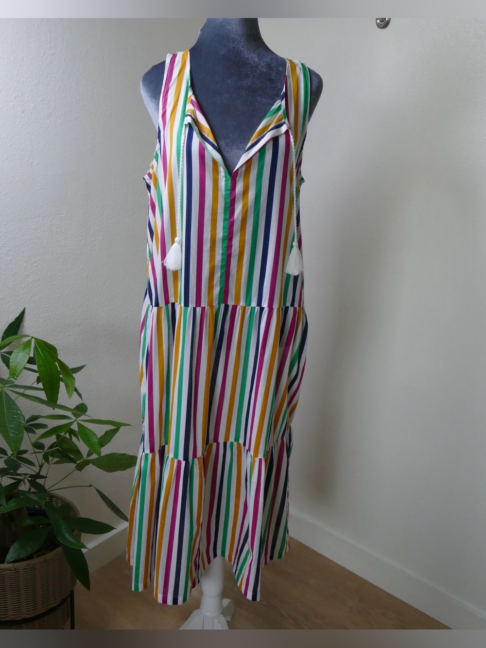 J. Crew M Rainbow Striped Tiered Midi Cover Up Dress Tassels Beach Vacation